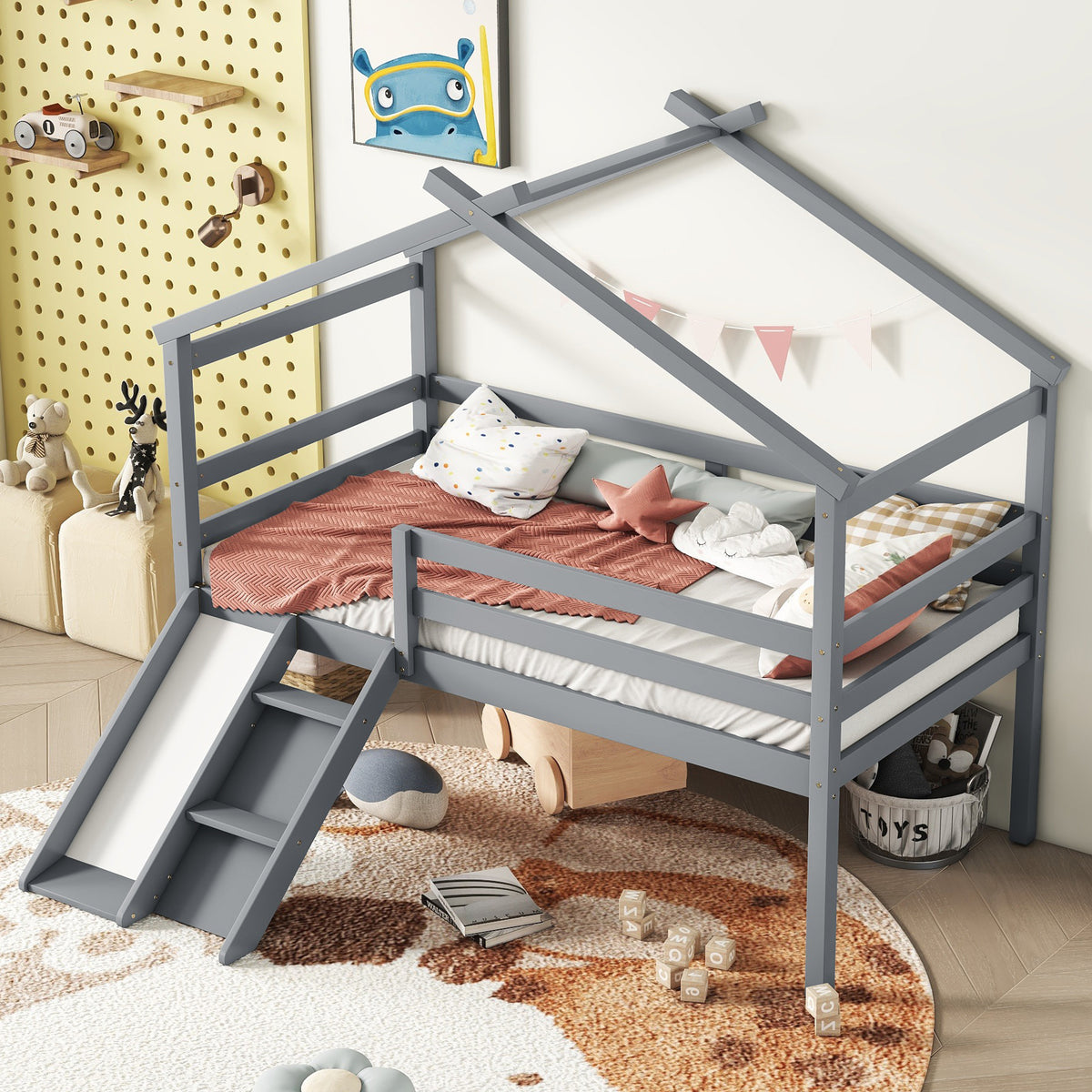 Twin Loft Bed with Slide, Solid Wood Bed Frame, Modern Loft Bed with Ladder & Guardrail for Bedroom, Gray