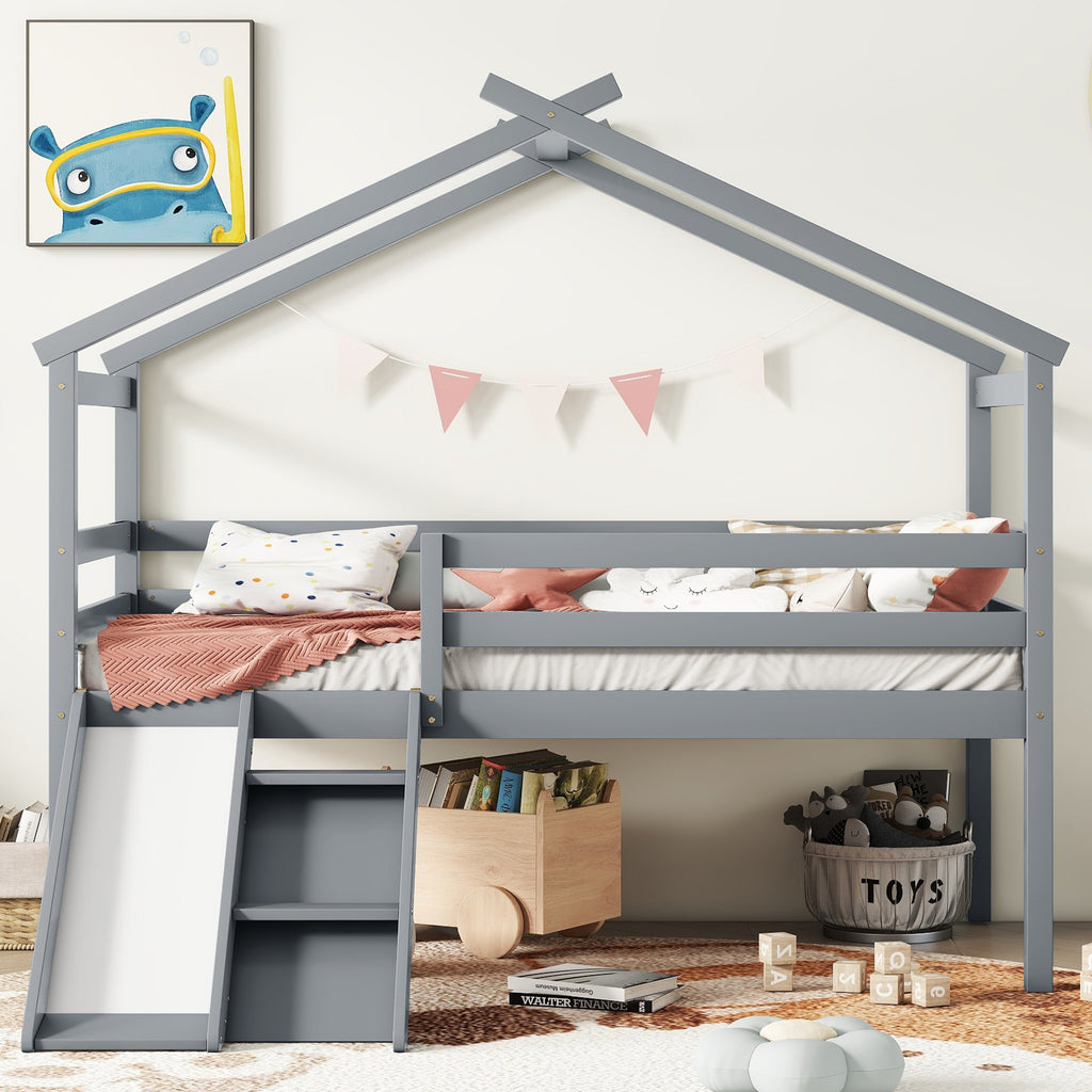 Twin Loft Bed with Slide, Solid Wood Bed Frame, Modern Loft Bed with Ladder & Guardrail for Bedroom, Gray