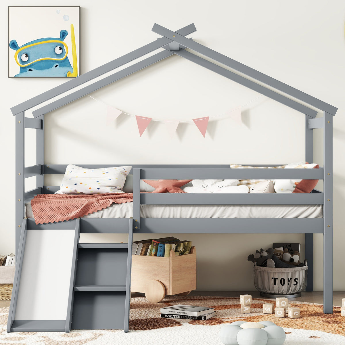 Twin Loft Bed with Slide, Solid Wood Bed Frame, Modern Loft Bed with Ladder & Guardrail for Bedroom, Gray
