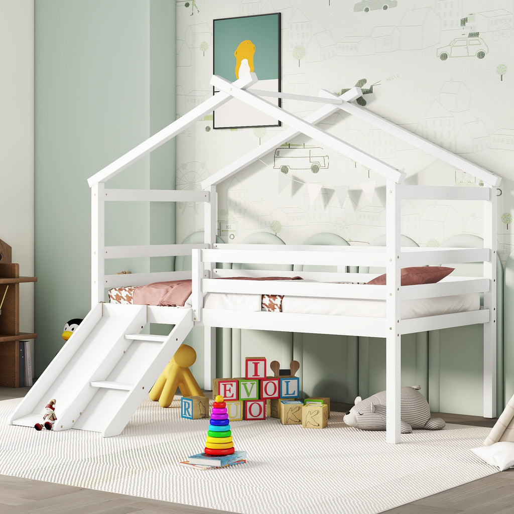 Twin Loft Bed with Slide, Solid Wood Bed Frame, Modern Loft Bed with Ladder & Guardrail for Bedroom, White