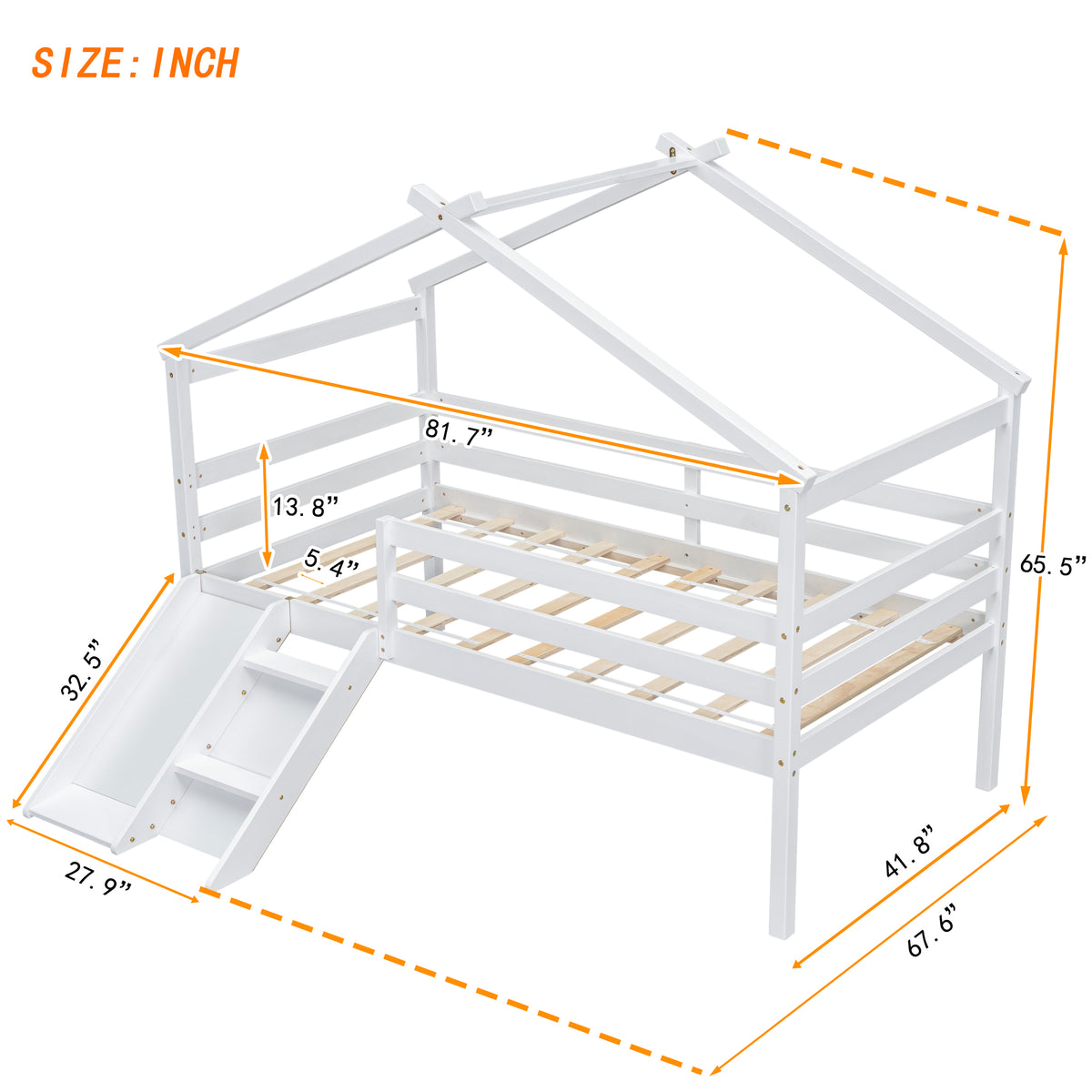 Twin Loft Bed with Slide, Solid Wood Bed Frame, Modern Loft Bed with Ladder & Guardrail for Bedroom, White