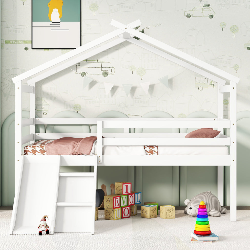 Twin Loft Bed with Slide, Solid Wood Bed Frame, Modern Loft Bed with Ladder & Guardrail for Bedroom, White