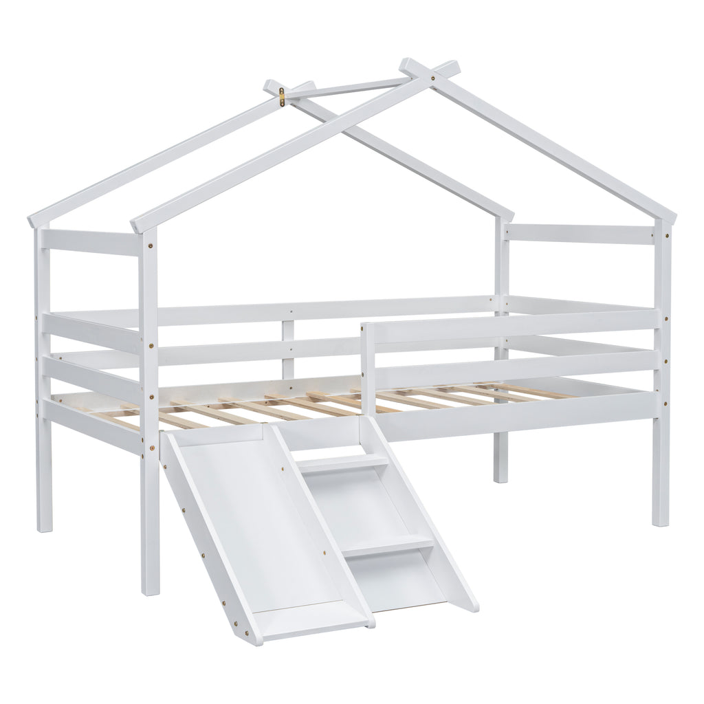 Twin Loft Bed with Slide, Solid Wood Bed Frame, Modern Loft Bed with Ladder & Guardrail for Bedroom, White