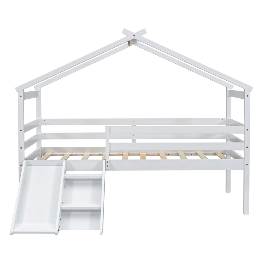 Twin Loft Bed with Slide, Solid Wood Bed Frame, Modern Loft Bed with Ladder & Guardrail for Bedroom, White