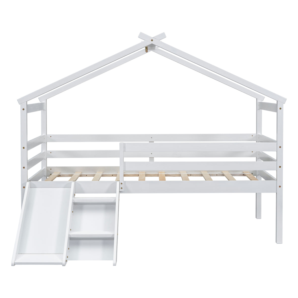 Twin Loft Bed with Slide, Solid Wood Bed Frame, Modern Loft Bed with Ladder & Guardrail for Bedroom, White
