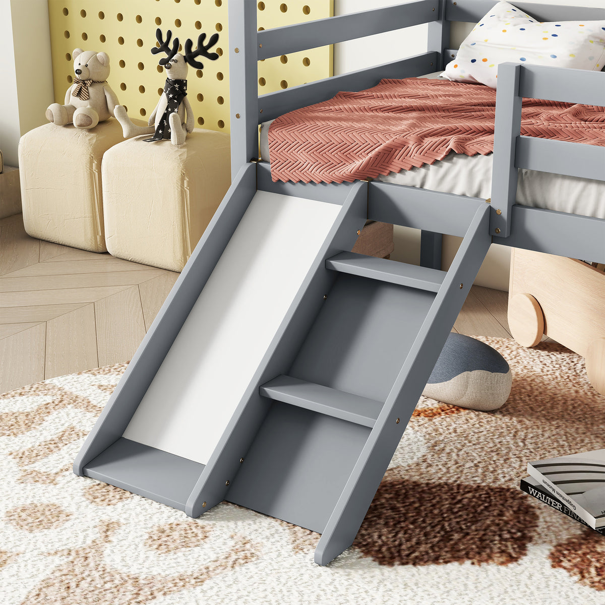 Twin Loft Bed with Slide, Solid Wood Bed Frame, Modern Loft Bed with Ladder & Guardrail for Bedroom, Gray