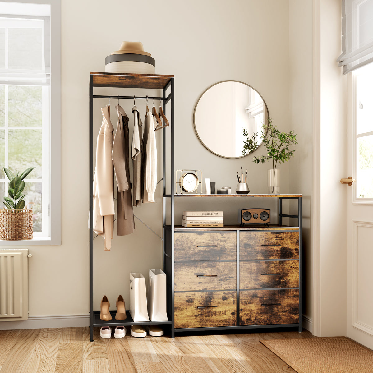 Dresser with Hanging Rack & 6 Drawers with LED Lights, Vanity Table with Drawers for Bedroom,living room,Brown
