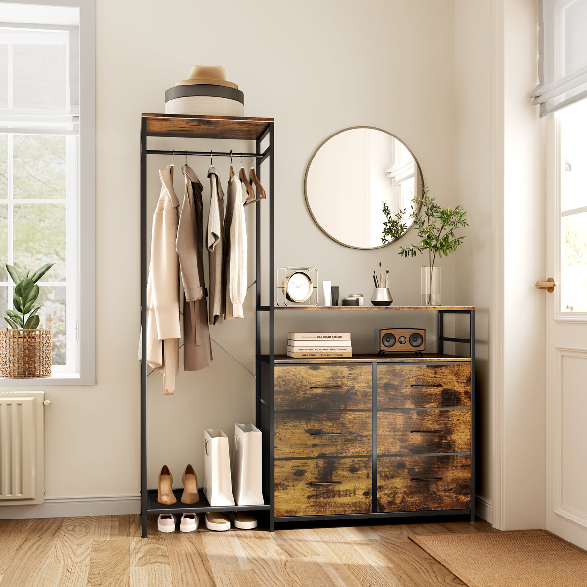 Dresser with Hanging Rack & 6 Drawers with LED Lights, Vanity Table with Drawers for Bedroom,living room,Brown
