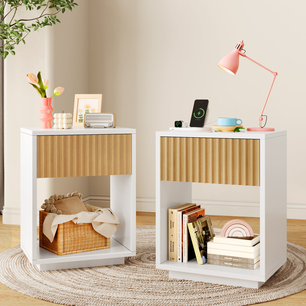 Wood Nightstand Set of 2 with Charging Station & LED Lights,Modern Wood Bedside End Table for Bedroom Living Room Dorm Office, White