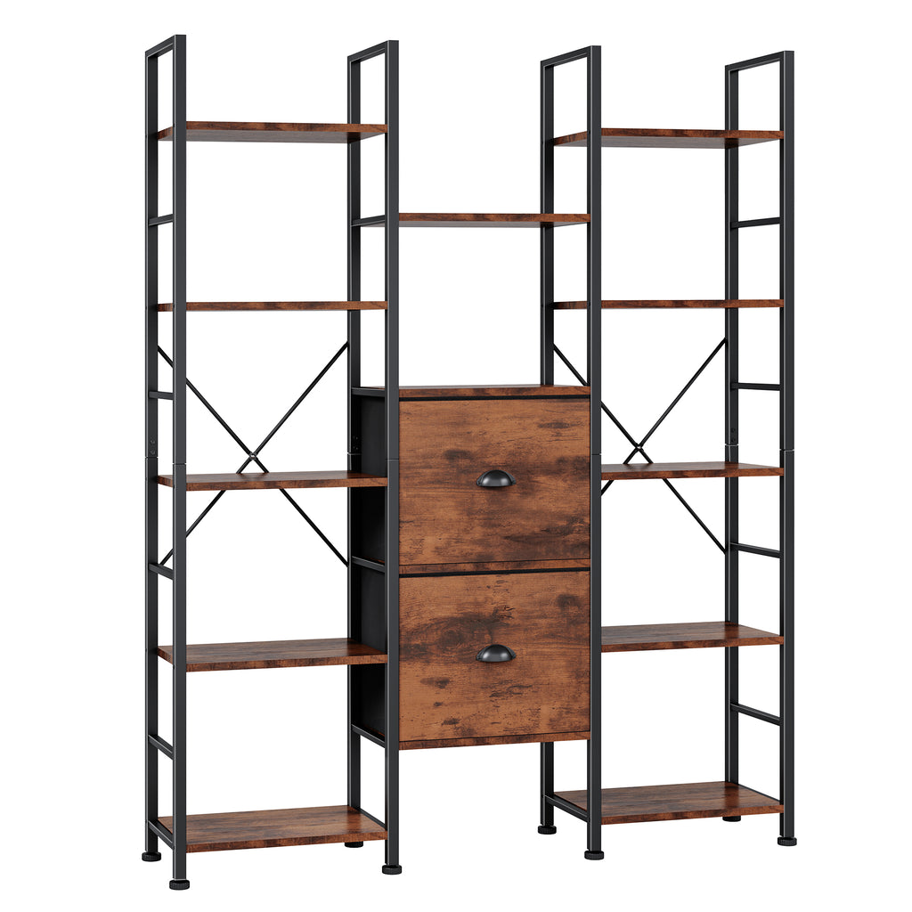 Triple Bookcases, 5-Tier Bookshelf with Drawers, Industrial Bookcase with 14 Display Shelves for Home Office, Living Room, Bedroom