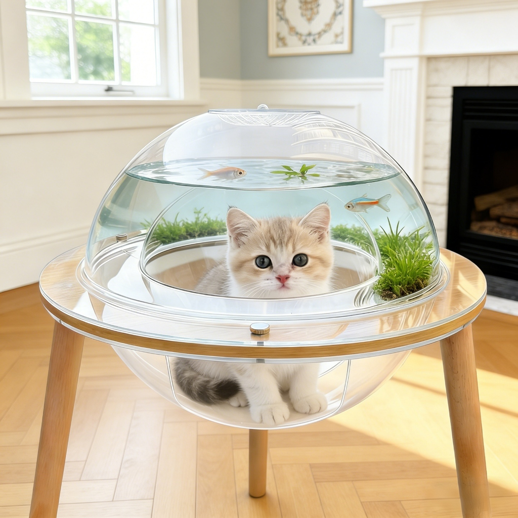 Large Cat Cave for Pet Cat House-360° Immersive Cat TV with Internal Tunnel, Heavy-Duty Plywood Base 4mm Thick Acrylic, Indoor Cat Enrichment Furniture