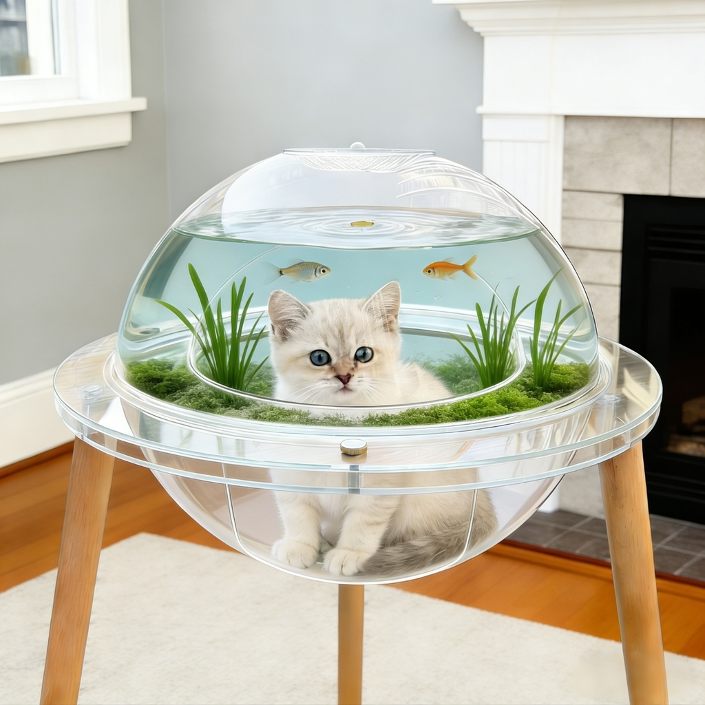 Large Cat Cave for Pet Cat House-360° Immersive Cat TV with Internal Tunnel, Heavy-Duty Plywood Base 4mm Thick Acrylic, Indoor Cat Enrichment Furniture