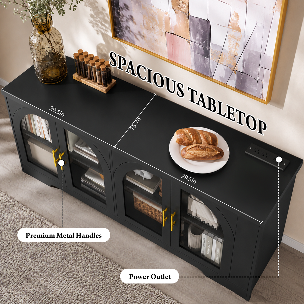 Arched Buffet Cabinet with Power Outlet & LED Lights, Kitchen Side Storage Organizer with Adjustable Shelves for Living Room, Kitchen,Entryway,Black