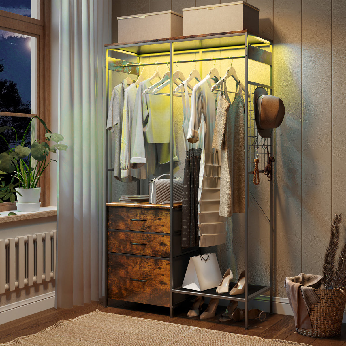 Dresser with LED Hanging Rack & 8 Drawers with LED Lights,with Shoe & Storage Shelf for Bedroom,living room,Brown