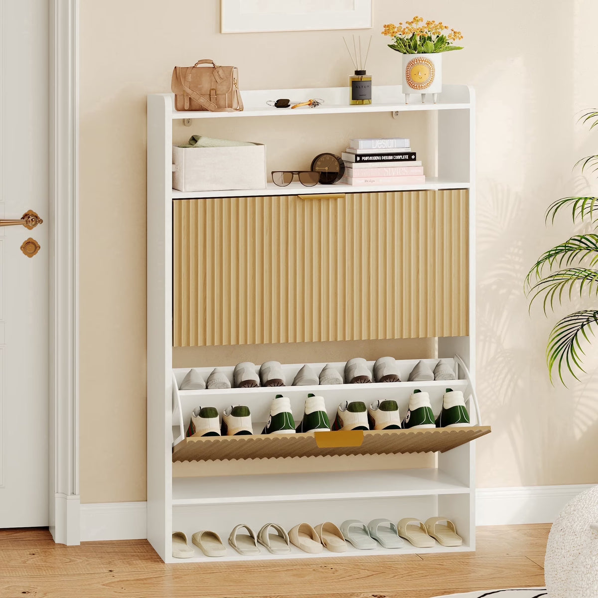 Wooden Shoe Cabinet with 2 Flip Drawers & Open Storage Shoe Rack Organizer for Entryway Hallway,Bedroom,Living