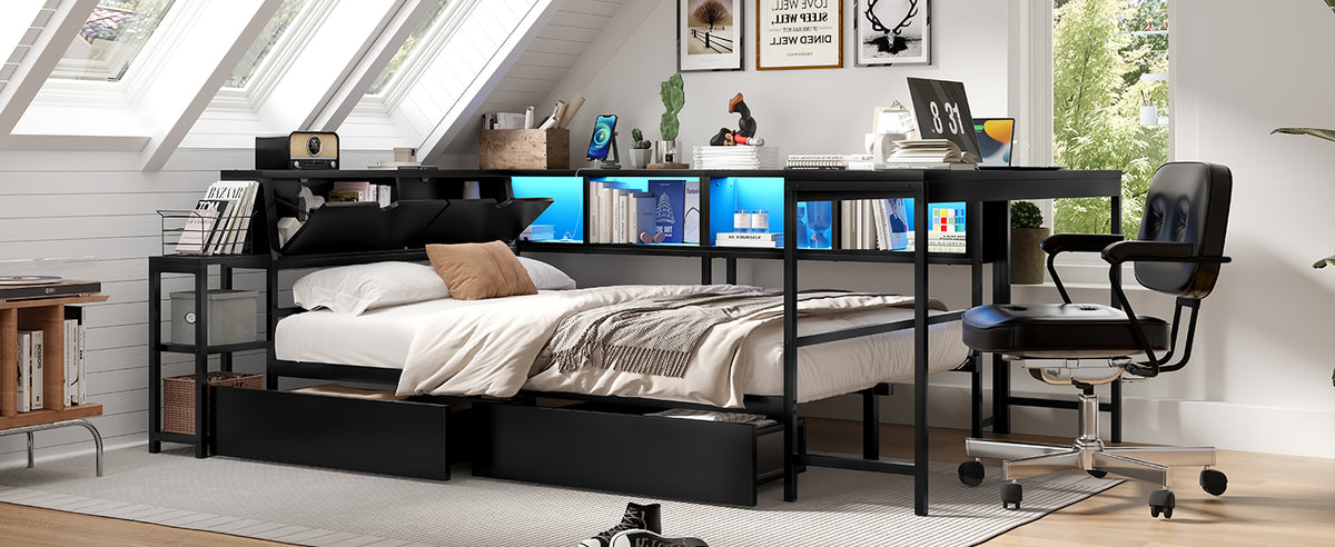 Twin Size Corner Bed Frame with Bookcase & 2 Underbed Storage Drawers, Modern Bed with LED Light and Charging Station, Left and Right Interchangeable, Black