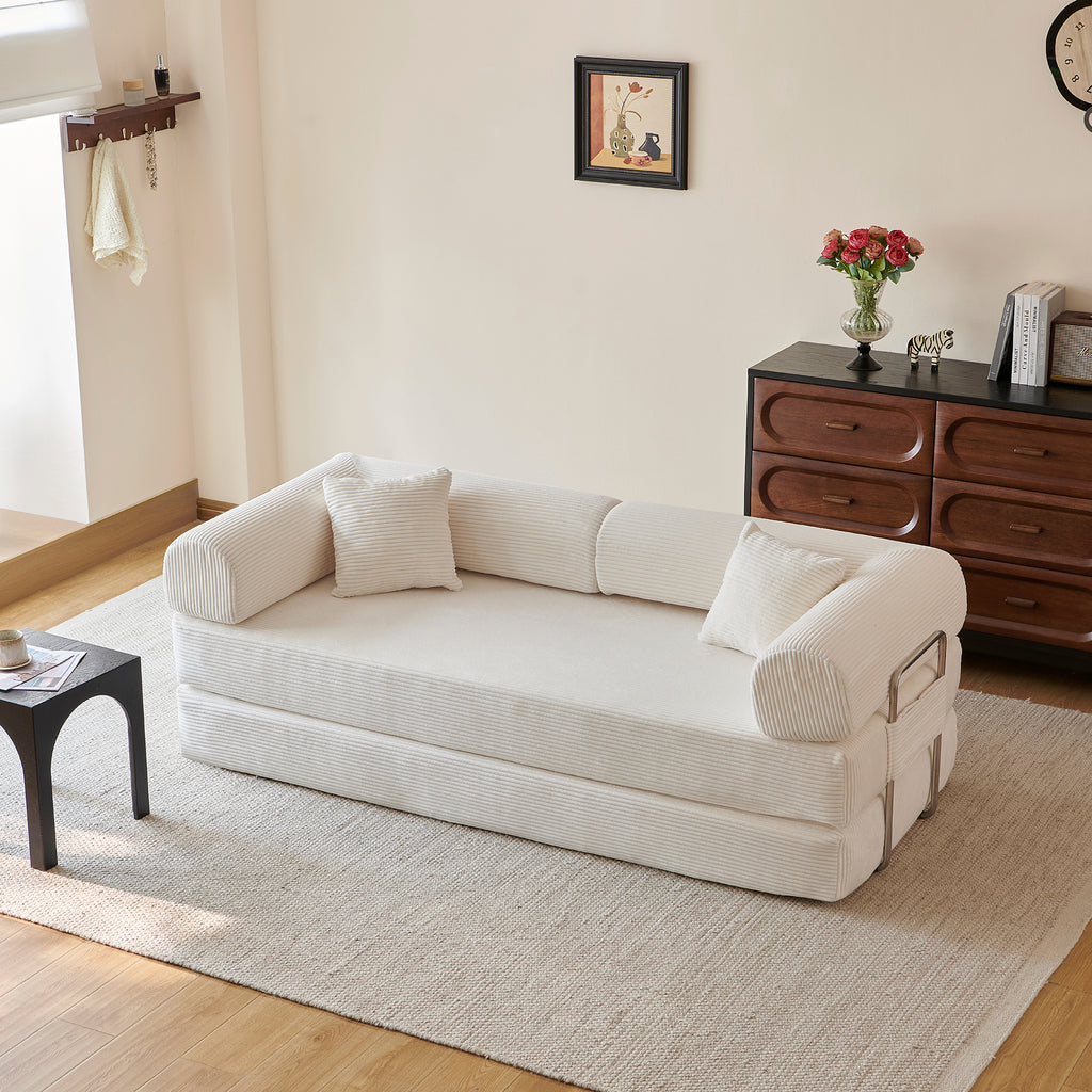Compressed Convertible Floor Sofa Bed, Boneless Modular Sectional Futon Couch with Pillow Back & Armrest, Corduroy Fabric Loveseat for Living Room Bedroom, White