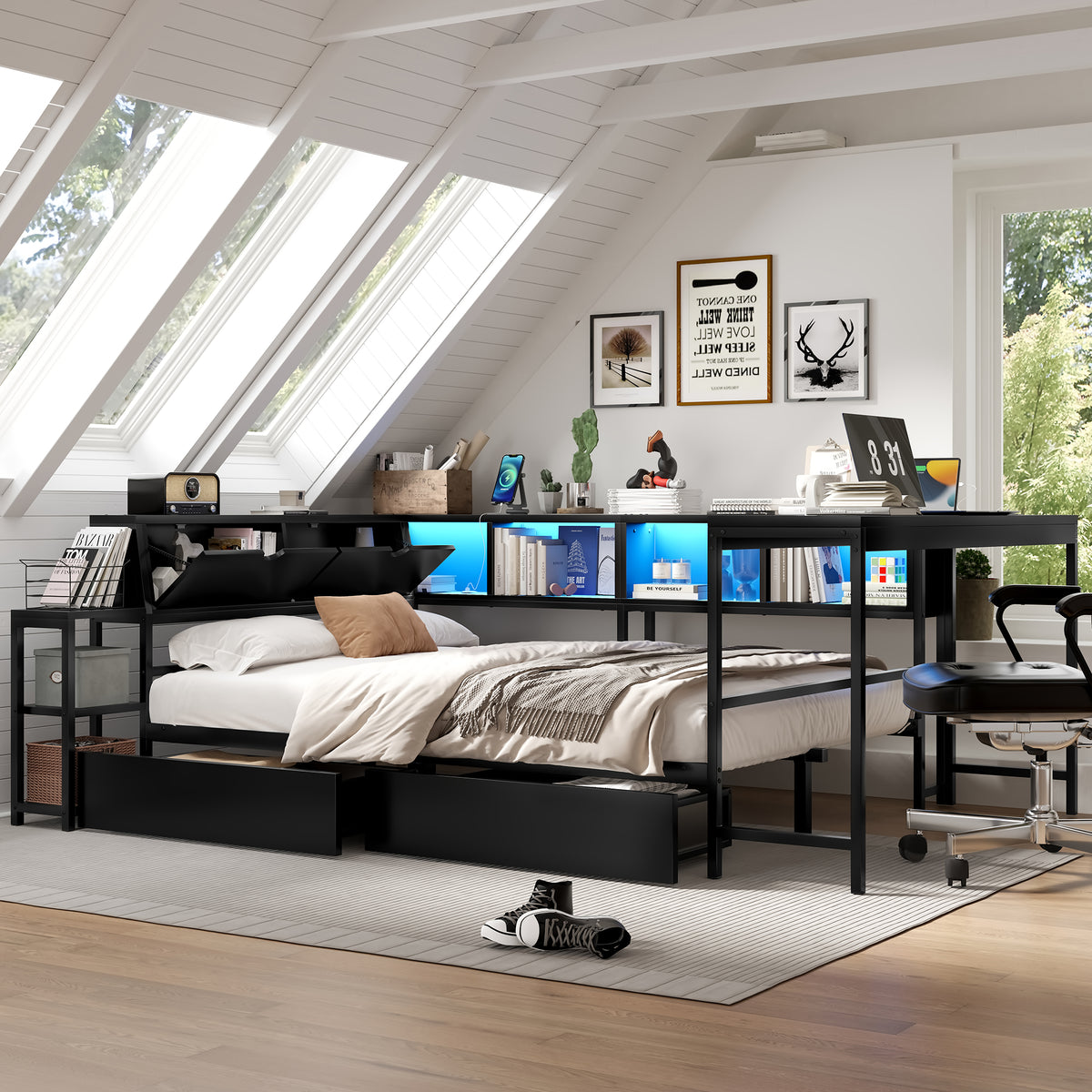 Queen Size Corner Bed Frame with Bookcase & 2 Underbed Storage Drawers, Modern Bed with LED Light and Charging Station, Left and Right Interchangeable, Black