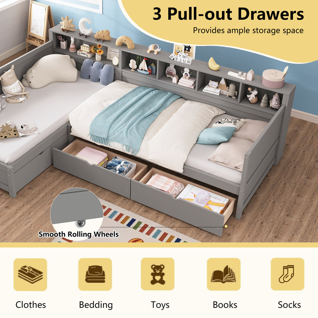 L-Shaped Twin Daybed Frame with Multiple Functional Designs, 2-Person Sleeping Space, 3 Storage Drawers & 5-Grid Bookshelf, Wooden Corner Sofa Bed for Bedroom Living Room Guest Room,White
