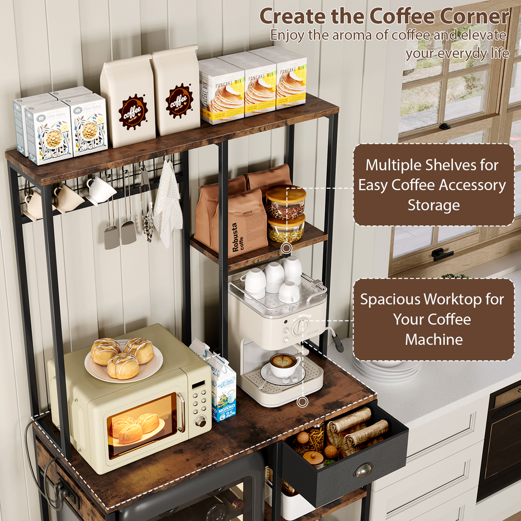 3 Tire Large Bakers Rack with Power Outlets & Adjustable Shelves, Large Coffee Bar Station with 8 Hooks,Kitchen Shelf Rack for Spices, Pots (Rustic Brown)