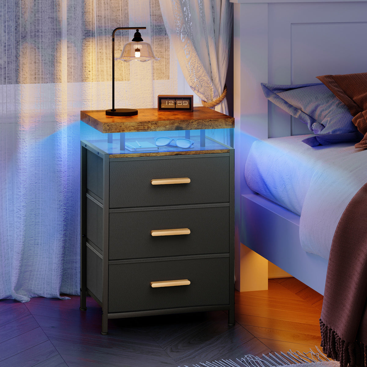 Smart LED Nightstand with 3 Drawers Modern Design Table for Bedroom, Closet, Dorm, Black
