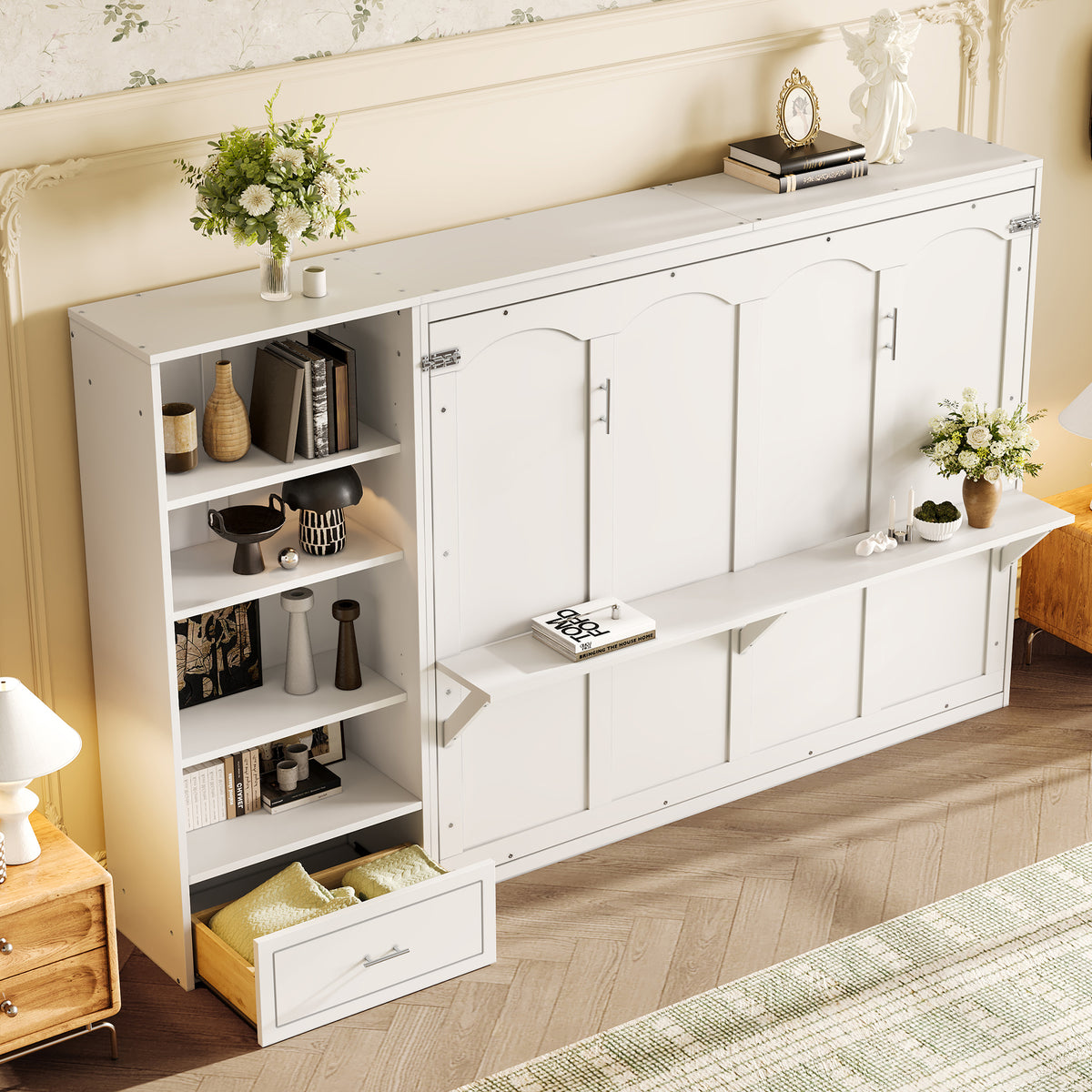 Queen Size Murphy Bed with Height Adjustable Storage Shelf & 1 Drawer, Wall Bed Multifunctional Foldable Platform Bed for Bedroom,Guest Room, White
