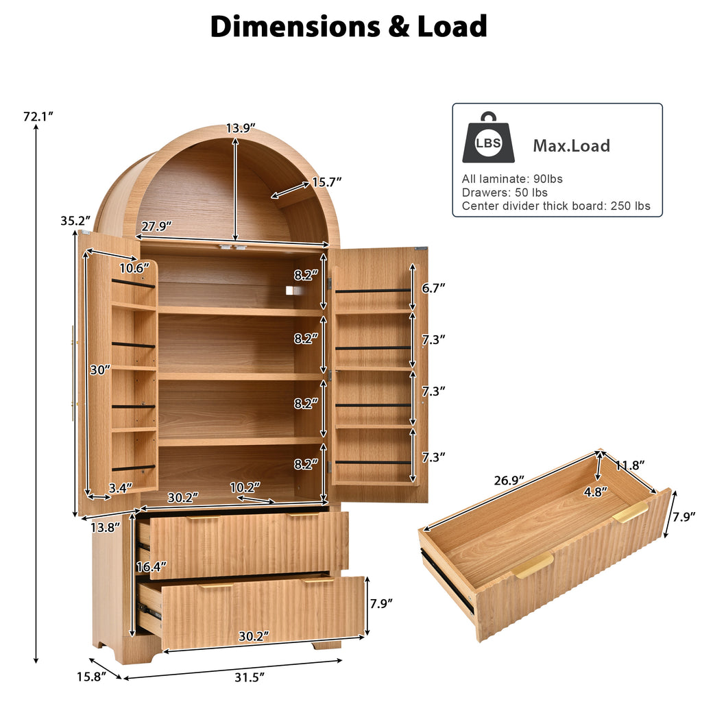 NYBOPAVIS 72" Arched Pantry Storage Cabinet with 2 Fluted Wood Doors, Kitchen Organizer with 8 Doors Shelves&Adjustable Shelves, Versatile Cupboard for Kitchen Dining Room, Natural