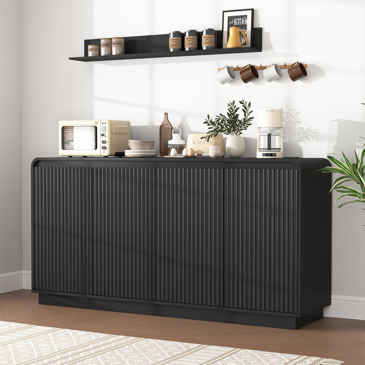 NYBOPAVIS Mid-Century Black TV Stand, Fluted 4-Door Media Console with Power Outlet, Handleless Wave Design Storage Cabinet for Living Room