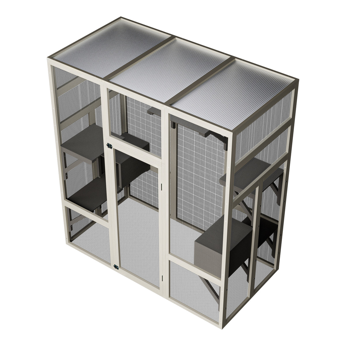 Outdoor Wooden Cat House Large Catio, Solid Wood Cat Cage Shelter Enclosure Playpen with Anti-UV& Waterproof, 5 Platforms and 2 Resting Boxes, Gray