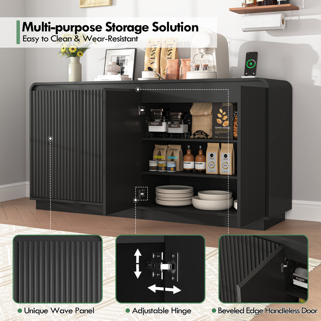 NYBOPAVIS Mid-Century Black TV Stand, Fluted 4-Door Media Console with Power Outlet, Handleless Wave Design Storage Cabinet for Living Room