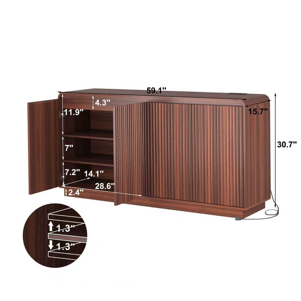 NYBOPAVIS Mid-Century Walnut TV Stand, Fluted 4-Door Media Console with Power Outlet, Handleless Wave Design Storage Cabinet for Living Room