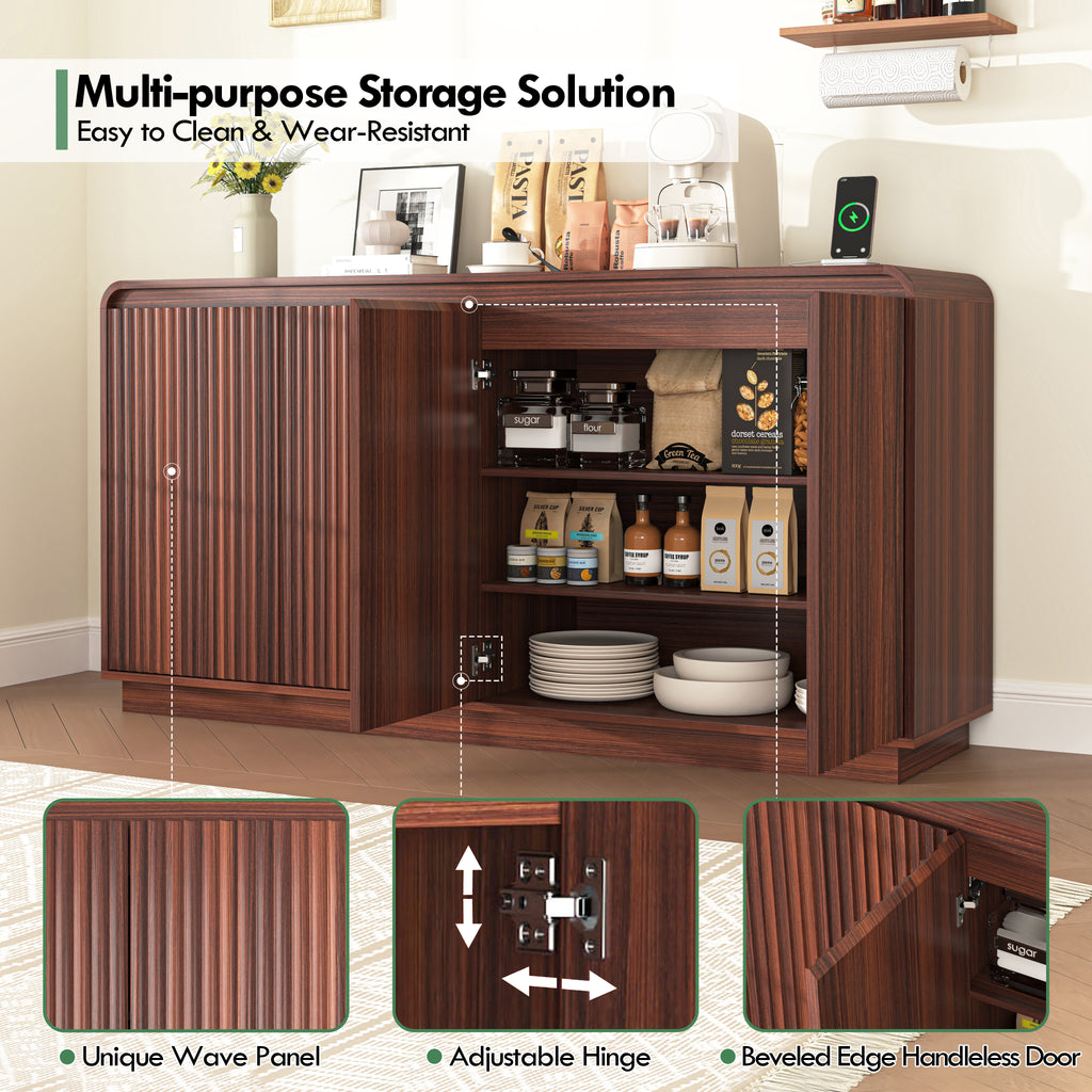 NYBOPAVIS Mid-Century Walnut TV Stand, Fluted 4-Door Media Console with Power Outlet, Handleless Wave Design Storage Cabinet for Living Room