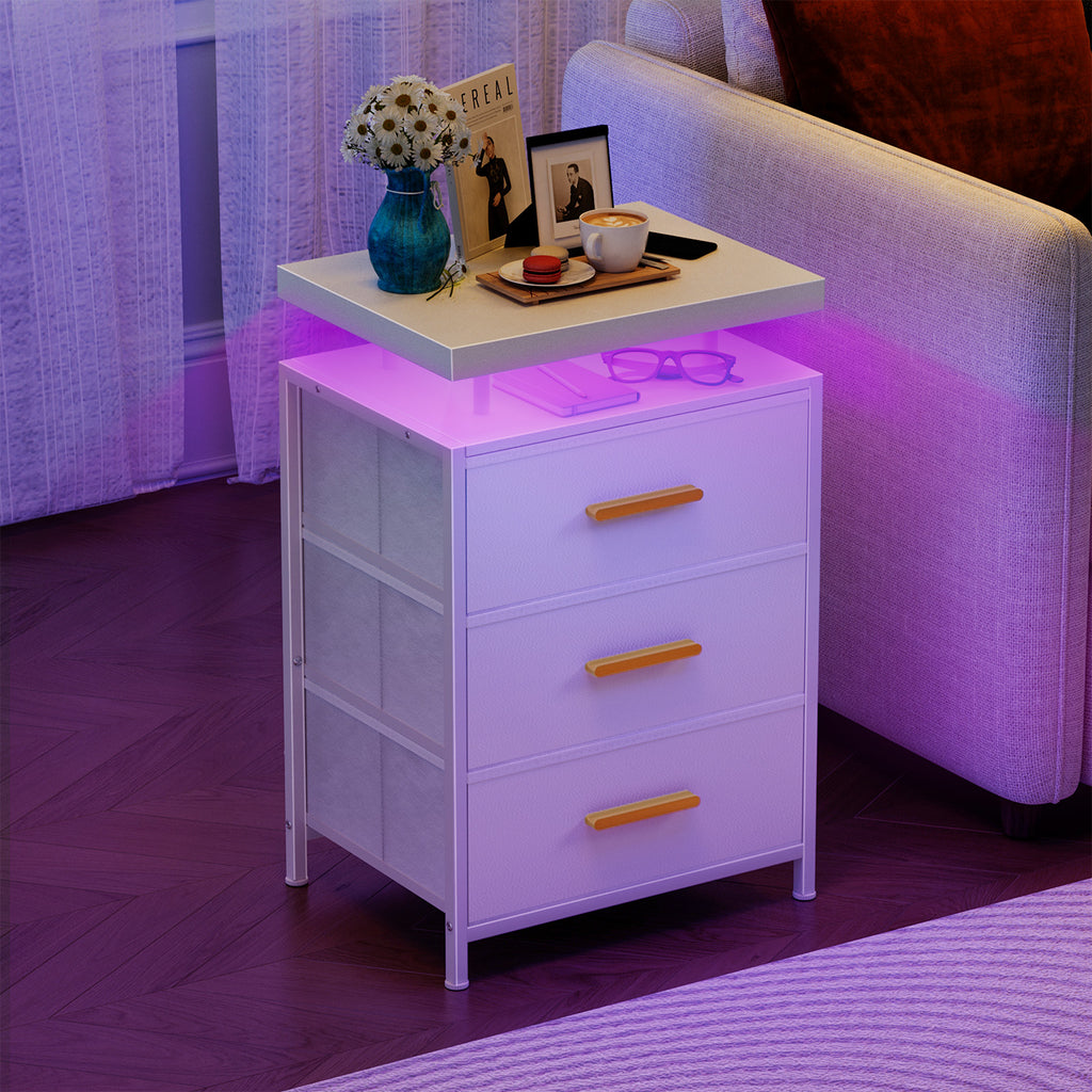 Smart LED Nightstand with 3 Drawers Modern Design Table for Bedroom, Closet, Dorm, White