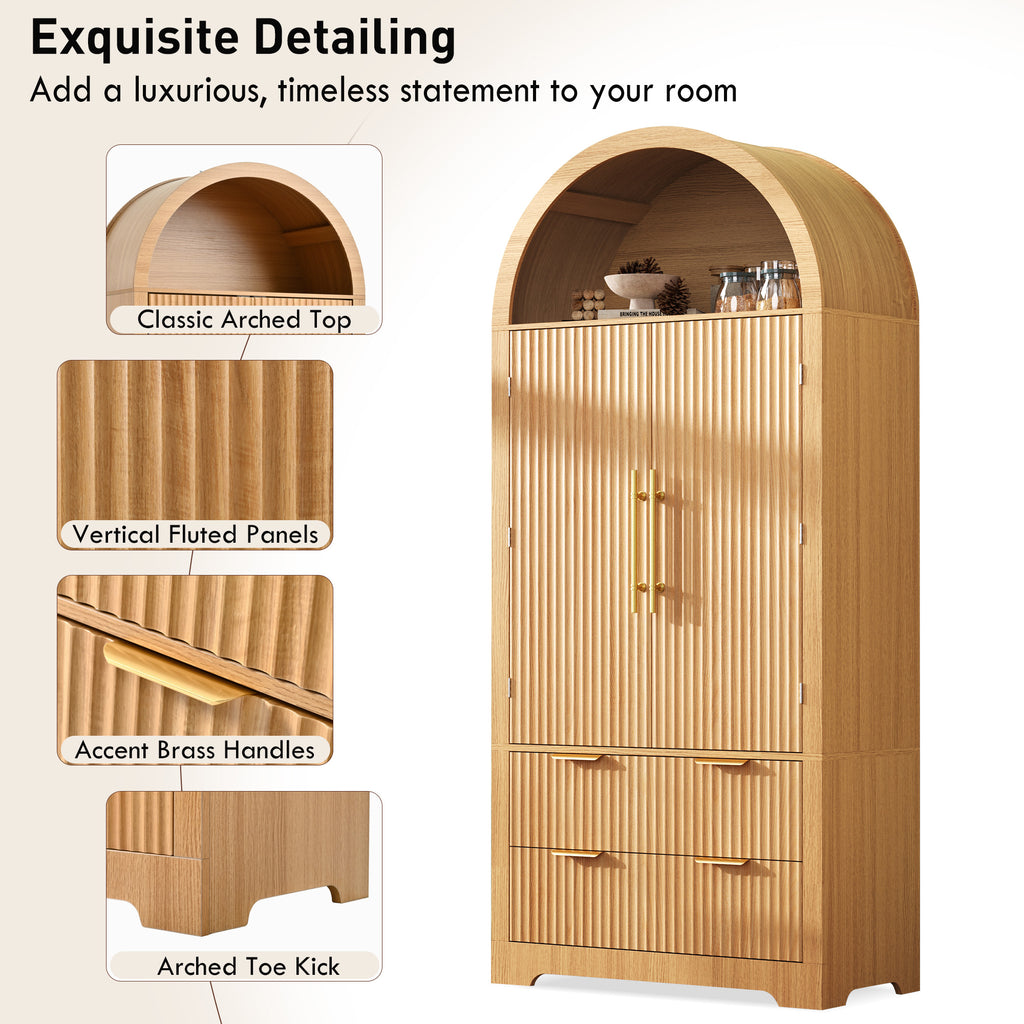 NYBOPAVIS 72" Arched Pantry Storage Cabinet with 2 Fluted Wood Doors, Kitchen Organizer with 8 Doors Shelves&Adjustable Shelves, Versatile Cupboard for Kitchen Dining Room, Natural