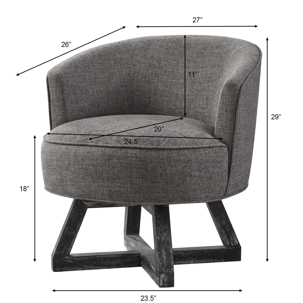 360° Swivel Accent Chair, Barrel Chair with Solid Wood Base, Linen Fabric Armchair, Dark Gray