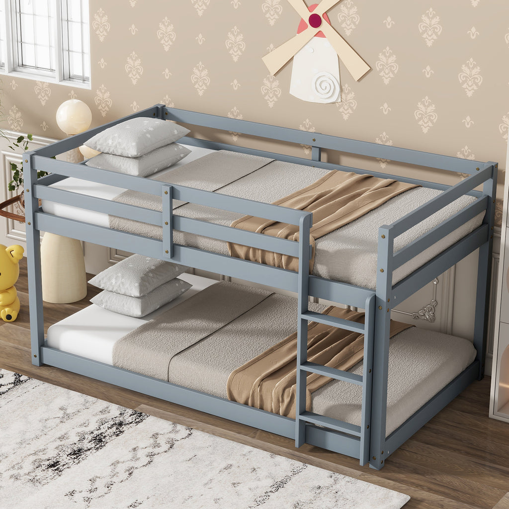 Twin Size Bunk Bed Frame, Wooden Bed Frame with Ladder, Bunk Bed with Guardrail for Bedroom, Gray