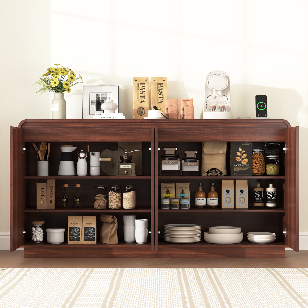 NYBOPAVIS Mid-Century Walnut TV Stand, Fluted 4-Door Media Console with Power Outlet, Handleless Wave Design Storage Cabinet for Living Room
