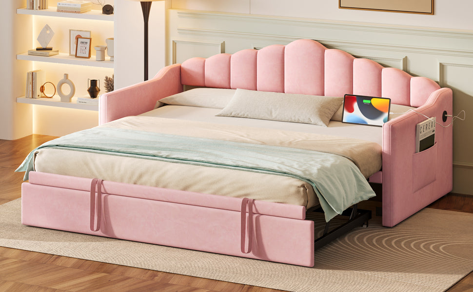 Upholstered Twin Size Daybed Bed with Charging Station & 2 Side Pockets,Velvet Daybed Frame with Adjustable Height Pop Up Trundle for Guest Room, Home Office,Pink