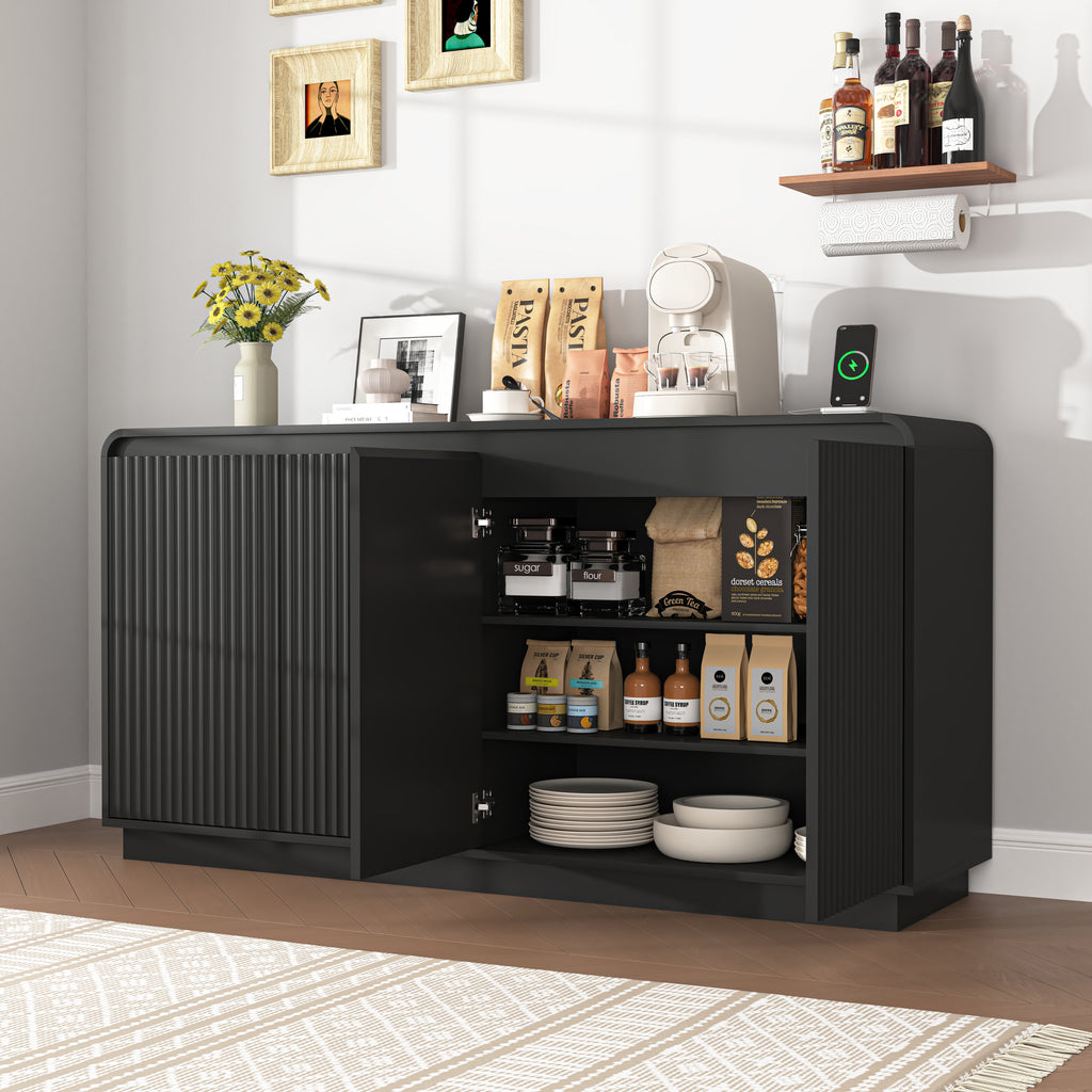 NYBOPAVIS Mid-Century Black TV Stand, Fluted 4-Door Media Console with Power Outlet, Handleless Wave Design Storage Cabinet for Living Room