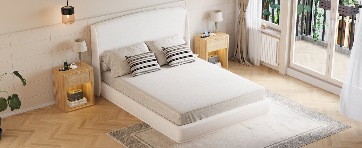 NYBOPAVIS Queen Size Upholstered Bed Frame with Wingback Headboard, Wooden Frame with Beige Linen Fabric, No Box Spring Needed, Easy Assembly