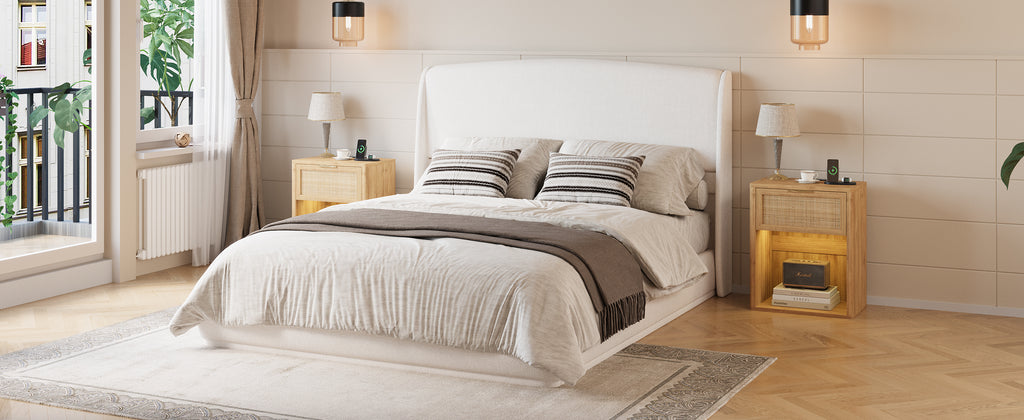 NYBOPAVIS Queen Size Upholstered Bed Frame with Wingback Headboard, Wooden Frame with Beige Linen Fabric, No Box Spring Needed, Easy Assembly