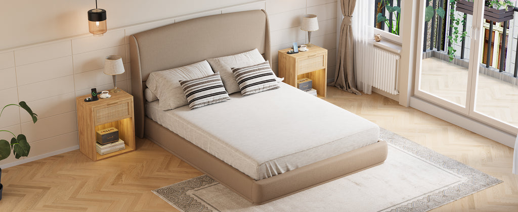 NYBOPAVIS Queen Size Upholstered Bed Frame with Wingback Headboard, Wooden Frame with Brown Linen Fabric, No Box Spring Needed, Easy Assembly