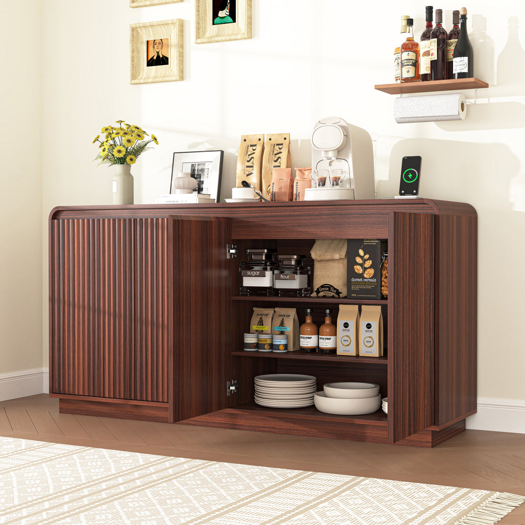 NYBOPAVIS Mid-Century Walnut TV Stand, Fluted 4-Door Media Console with Power Outlet, Handleless Wave Design Storage Cabinet for Living Room