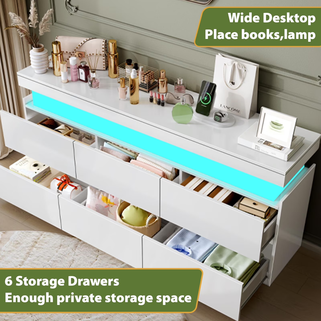 NYBOPAVIS 6 Drawer Dresser for Bedroom, Chest of Drawers with LED Light, TV Stand with Drawers White