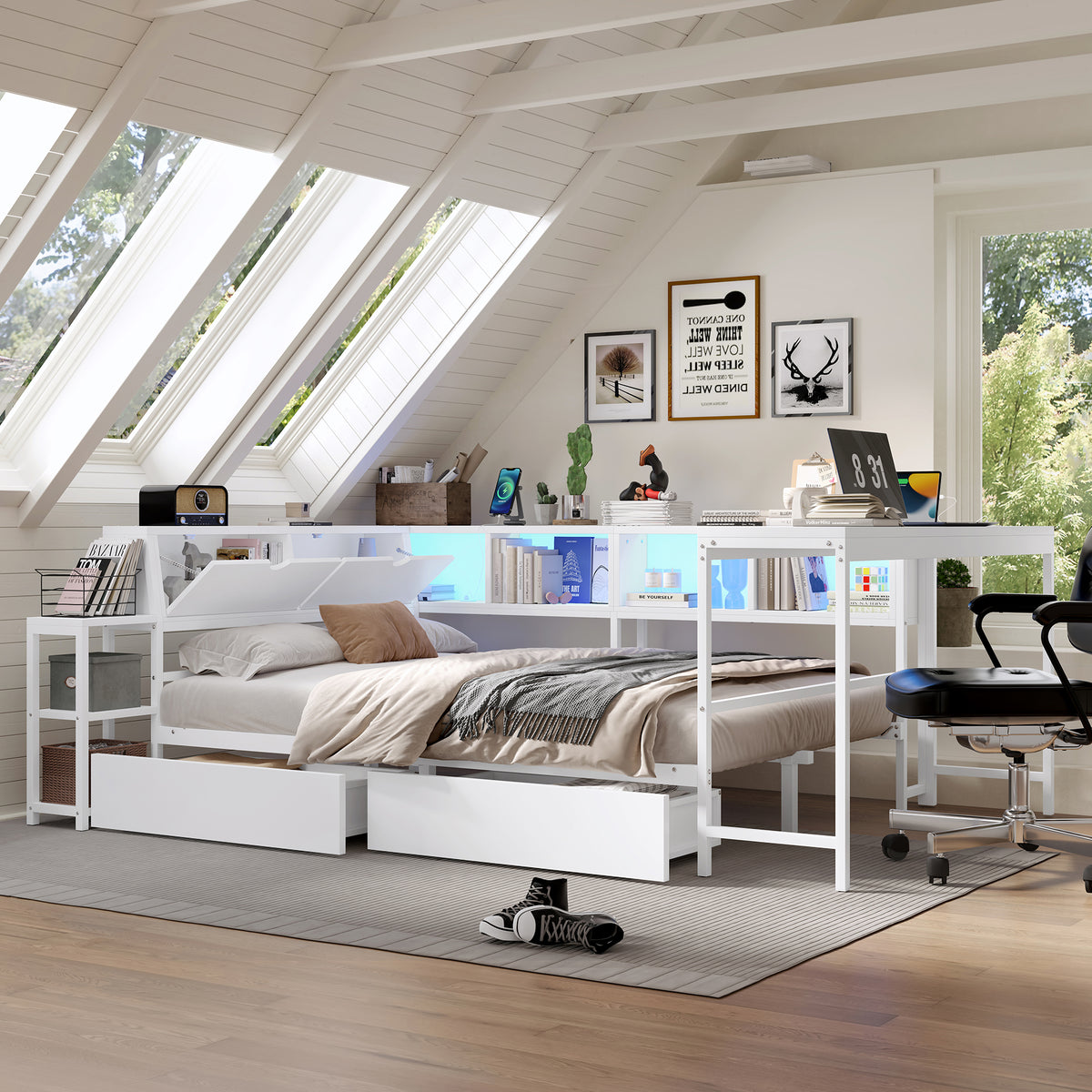 Full Size Corner Bed Frame with Bookcase & 2 Underbed Storage Drawers, Modern Bed with LED Light and Charging Station, Left and Right Interchangeable,White