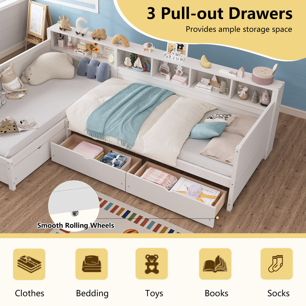 L-Shaped Twin Daybed Frame with Multiple Functional Designs, 2-Person Sleeping Space, 3 Storage Drawers & 5-Grid Bookshelf, Wooden Corner Sofa Bed for Bedroom Living Room Guest Room,White