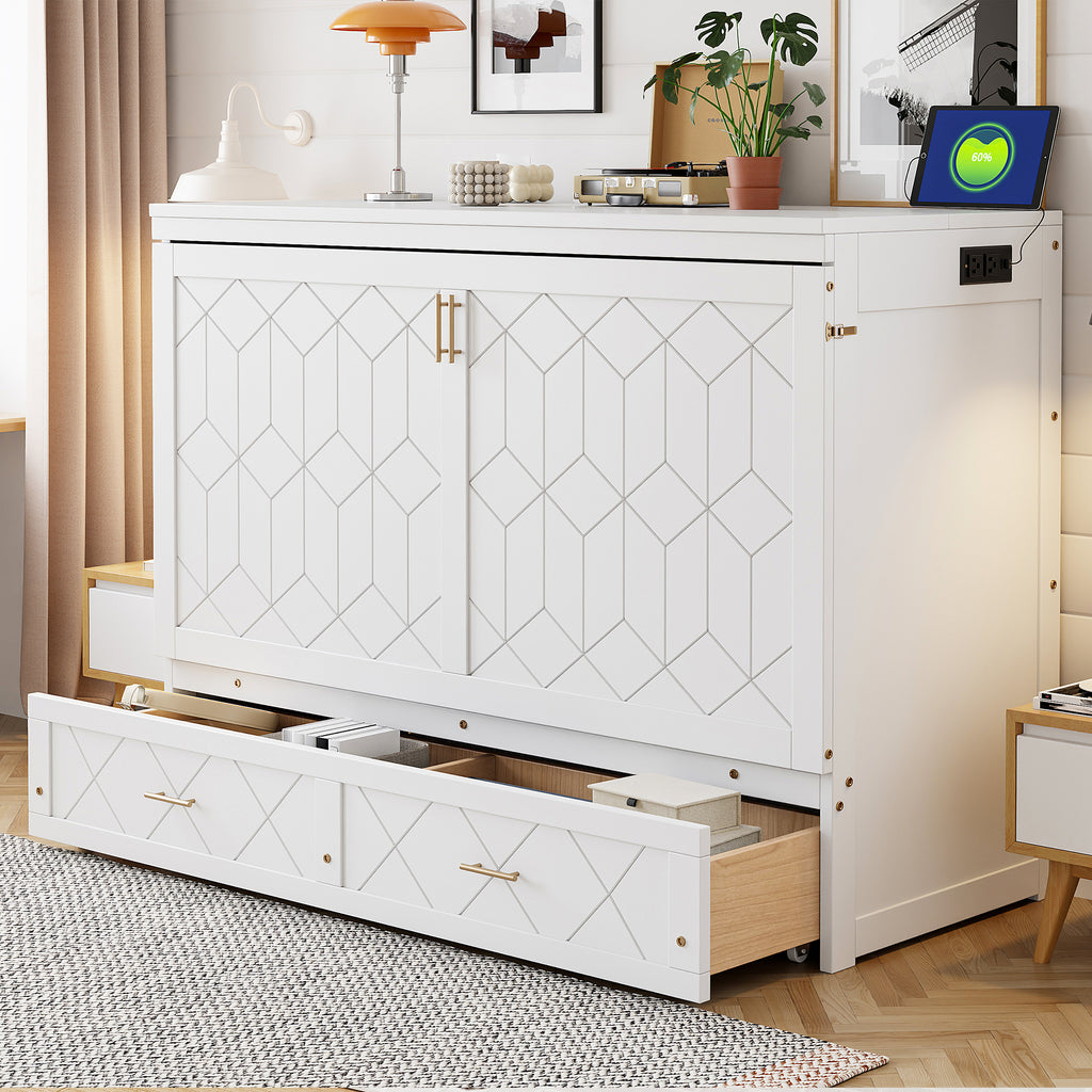 Queen Size Murphy Beds with drawer & USB Ports,Folding Storage Wall Bed Furniture for Bedroom,Office,Guest Room,White