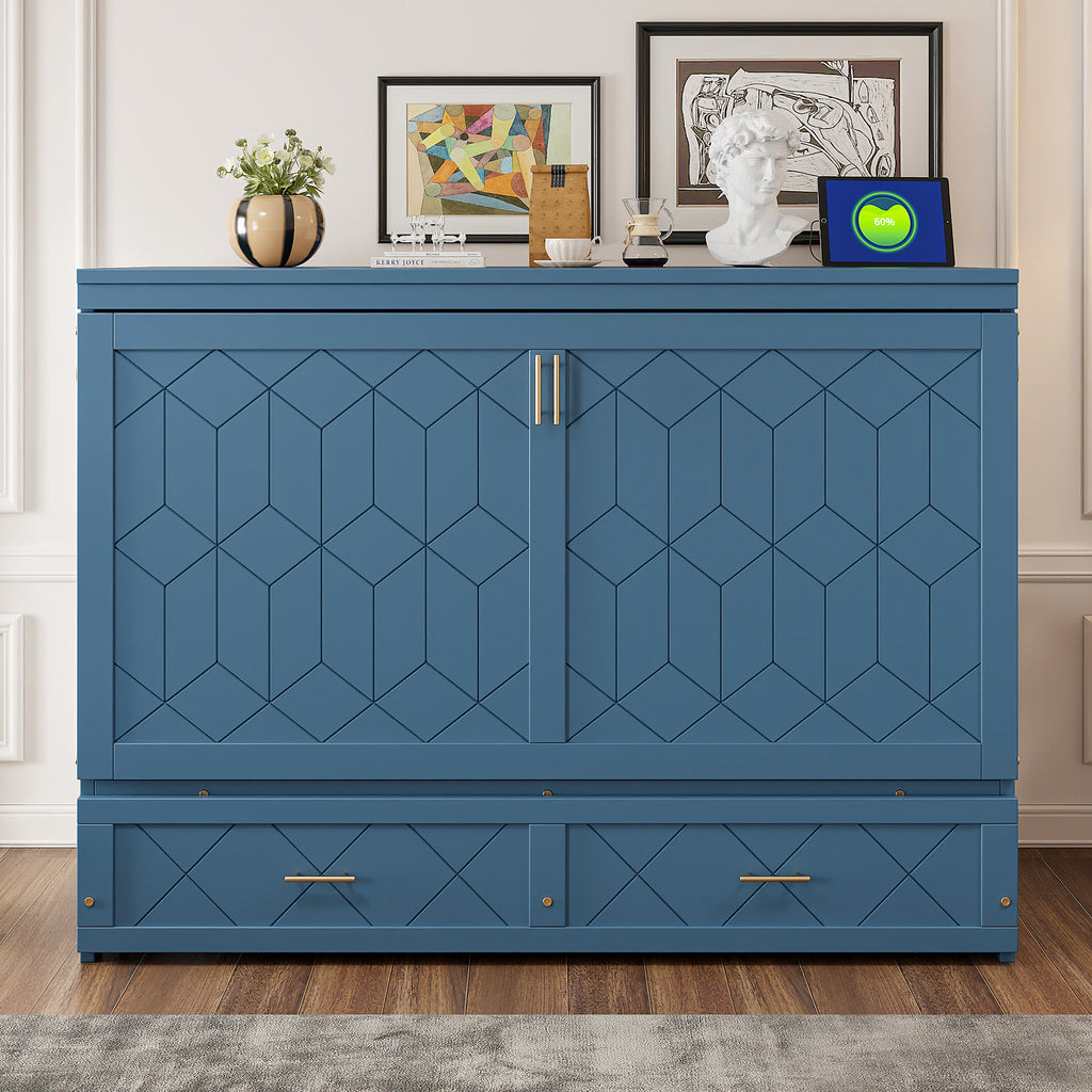Queen Size Murphy Beds with drawer & USB Ports,Folding Storage Wall Bed Furniture for Bedroom,Office,Guest Room, Navy Blue