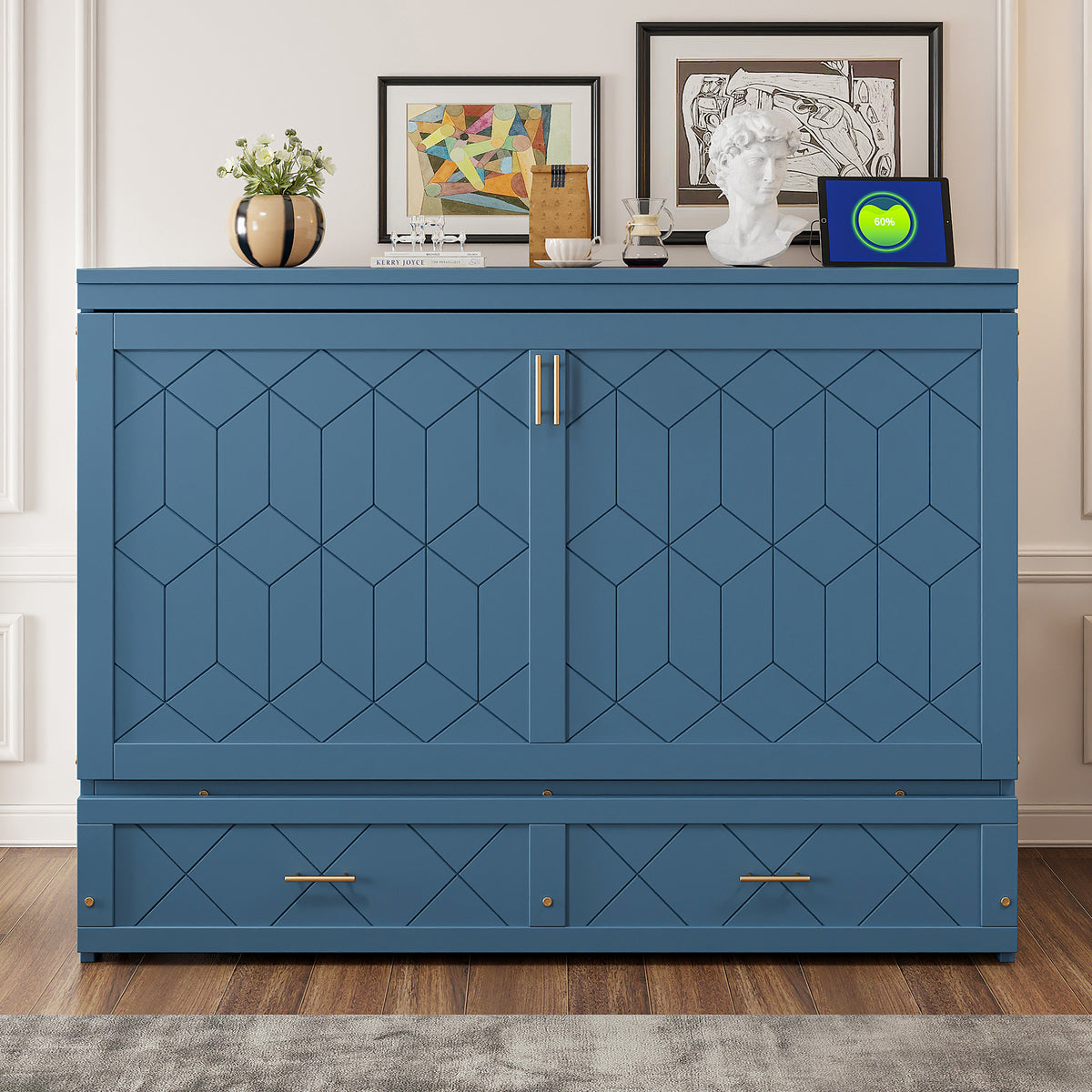 Queen Size Murphy Beds with drawer & USB Ports,Folding Storage Wall Bed Furniture for Bedroom,Office,Guest Room, Navy Blue