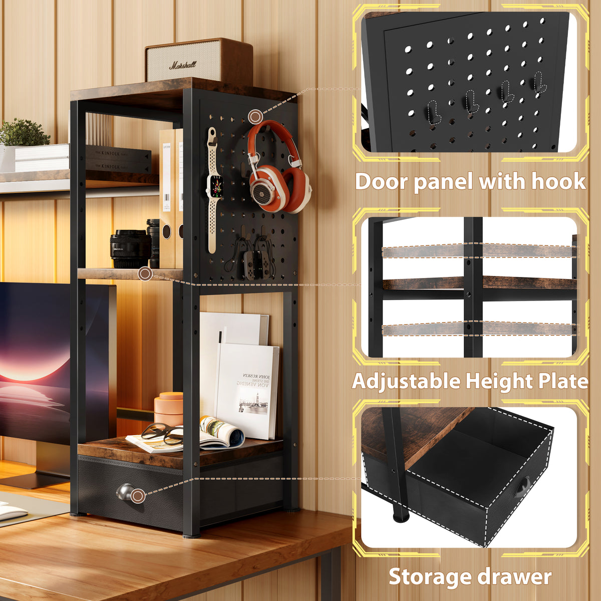 Desktop Bookshelf with Charging Station, LED Light & Adjustable Shelf, 3-Tier Desk Display Organizer for Office, Dorm, Living Room, Black